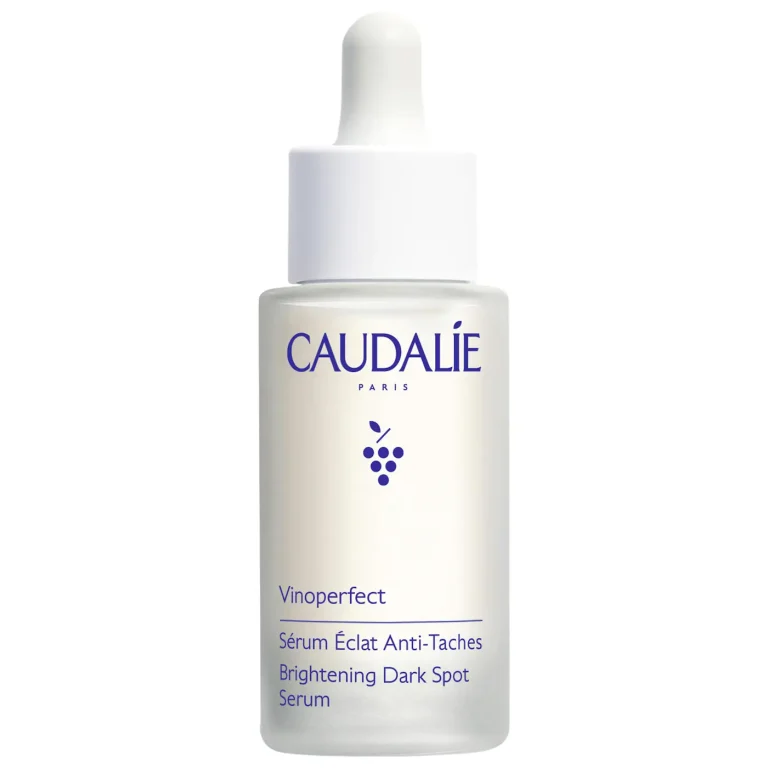 Caudalie Vinoperfect Brightening Dark Spot Serum in a 1 fl oz (30ml) bottle, featuring the brand's signature packaging and highlighting the key ingredient Viniferine.