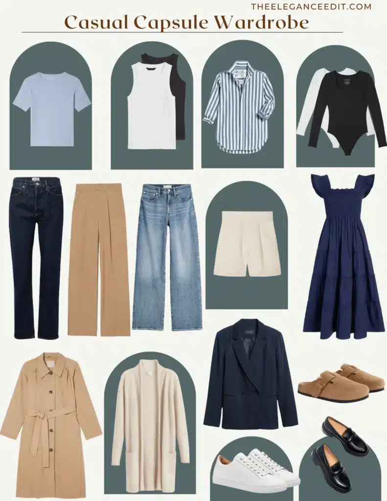 Minimalist capsule wardrobe with neutral clothes on hangers