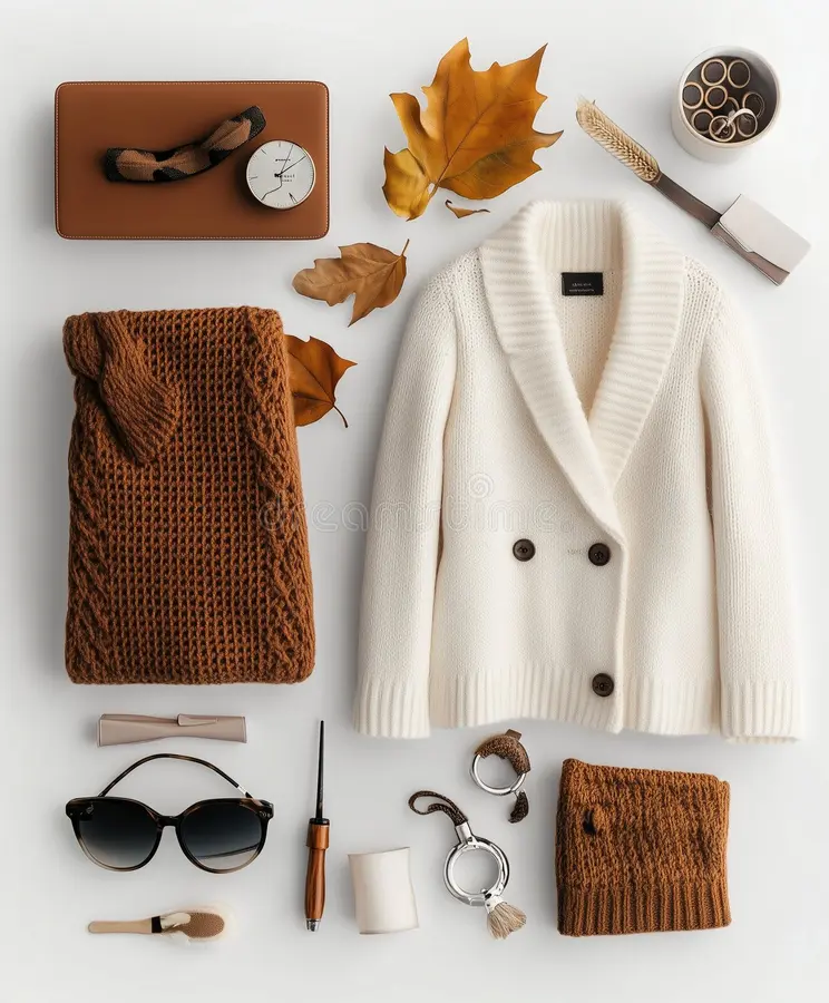 Neutral outfit flat lay with seasonal pieces